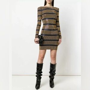 BALMAIN Striped Crystal Embellish Open Back Dress XL